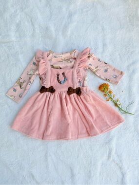 Pink Corduroy Dress with Horse Print